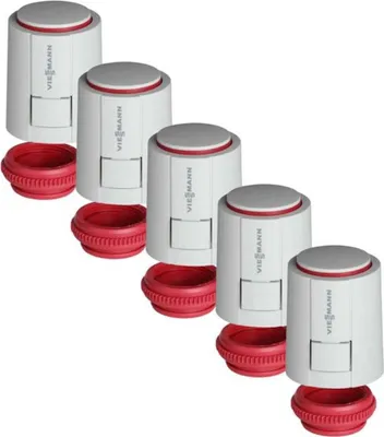 A group of five white and red thermostatic radiator valve heads arranged diagonally on a white background.