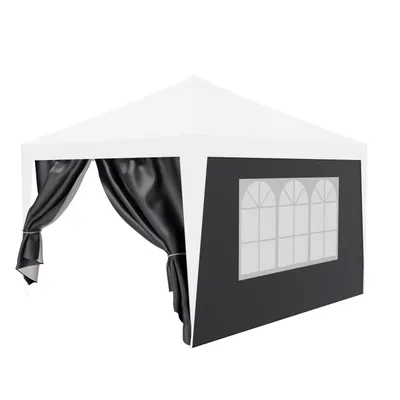 A white and gray gazebo with black curtains and a window.