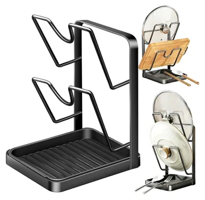 Produktbild von Topfdeckel-Organizer für die Küche, Topfdeckelhalter, doppellagiger Edelstahl-Organizer mit abnehmbarer Tropfschale, Ablage für Kochlöffel und Löffel