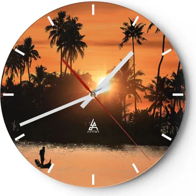 Produktbild von Wanduhr - Rund - Glasuhr - Palme Fluss Sommer - 30x30cm - Schleichendes Uhrwerk - Lautlos - zum Aufhängen bereit - Dekoration Modern - Wanddekoration aus Glas - C3AR30x30-3894