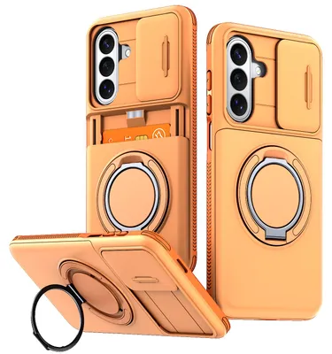 Image de Coque de téléphone avec compartiment pour cartes pour Samsung Galaxy A55, protection coulissante pour l'appareil photo, support avec anneau, coque de protection antichoc orange