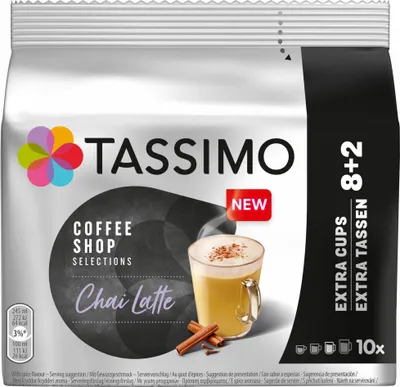 A package of Tassimo Chai Latte coffee pods.