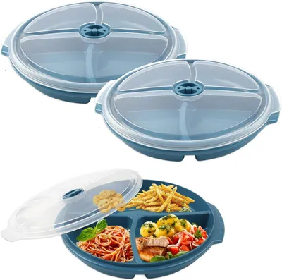 Imagen del producto de Juego de recipientes para microondas, de 3 piezas, con tapa y 3 compartimentos, de plástico, para la cocina