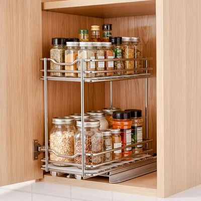 Obrázok produktu pre VEVOR, výsuvná polička na korenie do kuchynských skriniek, 2 úrovne, 215 x 110 x 265 mm, organizér na korenie z uhlíkovej ocele, výsuvná polička do kuchyne, organizér do kuchynskej skrinky, strieborná farba