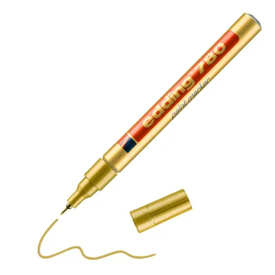 A gold Edding 780 paint marker with its cap off, showing a line of gold paint on a white background.