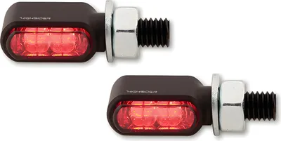 Two black LED motorcycle turn signals with red lights and silver mounting hardware, shown against a white background.