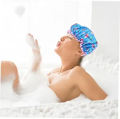 Produktbild von 6 Stück Duschhauben für Damen, wasserdichte doppellagige Badekappen mit elastischem Band für Spa und Kosmetik im Kirschschleifen-Design