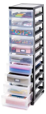 Produktbild von Iris Ohyama Kunststoff-Schubladenbox mit Rollen, 10 flachen Schubladen, Schwarz, Griffe zum Ziehen, Für Schlafzimmer, Bad, Schule & Büro, BPA-frei, Schubladenschrank, Rollcontainer, A4 Drawer, DC-010