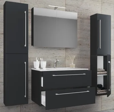 Produktbild von VCM 5-tlg. Waschplatz Waschtisch | Waschbecken Unterschrank Breite 80 cm | Badmöbel Set mit Schubladen Drehtüren Spiegelschrank | Badinos