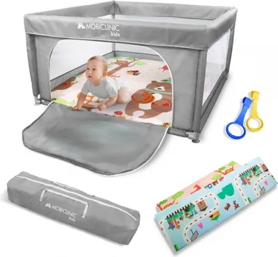 Produktbild von Mobiclinic Kids, Laufstall Baby + Spielmatte, Faltbar, 125X125cm, Tragetasche, Atmungsaktives Netz, Happyland, Geruchloses und Waschbares Gewebe