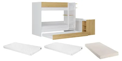 Produktbild von Etagenbett mit Ausziehbett und 2 Schreibtischen 3 x 90 x 190 cm - Weiß und natur + Matratze - DOMATI