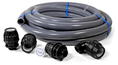 Produktbild von PVC Flexschlauch 63 mm – 25 m Set mit 4 Flex-Fittinge und Dichtband – Schlauch für Filteranlagen und Verrohrung – UV-beständig, flexibel und langlebig
