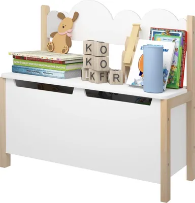 Image de Banc pour enfants Bolt Edge – Blanc/Marron – Banc de rangement avec assise – Coffre à jouets – Chambre d'enfant