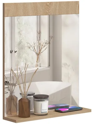 Image de Miroir de salle de bain - Miroir mural - Étagère ouverte - Forme rectangulaire - Cadre en bois - Couleur marron - Dimensions : 50 x 12 x 60 cm