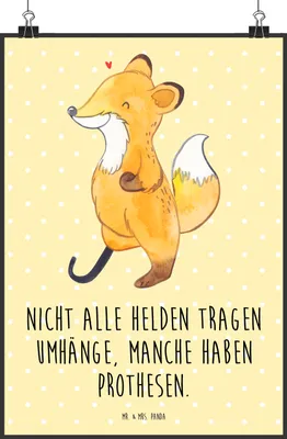 Produktbild von Mr. & Mrs. Panda Bild Fuchs Beinprothese DIN A2 - Gelb Pastell - Geschenk, Plakat, Beimamputation, wanddeko, Wanddekoration, drucke, Wandbild, Amputation