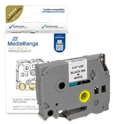 Obrázek produktu pro MediaRange MRBTZ231, Černá, Bílá, InkJet, Permanentní, Brother P-Touch 1010, 1080, 1090, 1260VP, 1280, 1280DT, 1290, 1750, 1830VP, 18R, 2030VP, 2100VP,..., 1,2 cm, 1 kusů