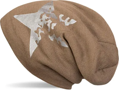 Produktbild von styleBREAKER warme Feinstrick Beanie Mütze mit Vintage Stern Print und sehr weichem Innenfutter, Slouch Longbeanie, Uni 04024088