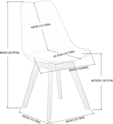 A line drawing of a chair with dimensions indicated by lines and text.