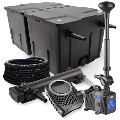Immagine prodotto di Set completo SunSun: filtro per laghetti CBF-350B fino a 60000 L, pompa per laghetti NEO10000 10000l/h 80W, chiarificatore per laghetti CUV-336 36W, tubo per laghetti 25m 25 mm, fontana CTP-5003 5000l/h 30W