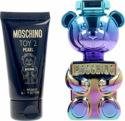 A Moschino Toy 2 Pearl perfume bottle and body lotion tube are displayed side-by-side against a white background.