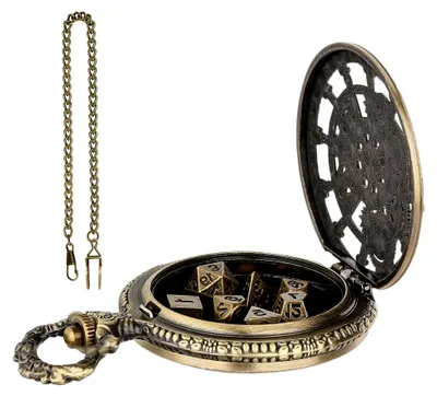 Produktbild von Taschenuhr-Würfel-Set, Vintage-Würfel-Taschenuhr, Tragbare Unterhaltungswürfel | Polyedrisches Würfelset aus Metall für Tisch- und Brettspiele