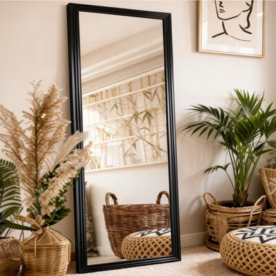 Produktbild von Ganzkörperspiegel mit rechteckigem Holzrahmen, 160×50 cm, Wand- und Standspiegel im modernen Design, Schwarz