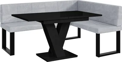Produktbild von MEBLINI Eckbank für Esszimmer mit ausziehbarem Tisch  - Küchenbank - Essecke - Sitzecke Küche - PETER - U-Beine 128x168x87cm Rechts - Hellgrau Samt/M Schwarz Hochgl.
