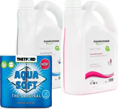 Produktbild von Freizeitschmiede Campingtoiletten Set Sanitärzusatz Simple Blue & Simple Rinse & Aqua Soft ToilettenpapierToilettenzusatz Spülwasser Fäkalientank