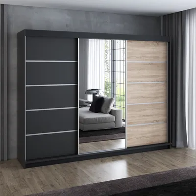 Produktbild von Schwebetürenschrank 200 cm, 3-türig, mit Spiegel & 4 Schubladen, Retro-Stil, modern, in Weiß/Schwarz/Sonoma – Kleiderschrank VILUNO 1