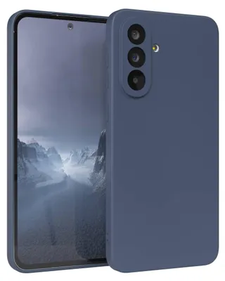 A dark blue phone case is shown next to a smartphone.