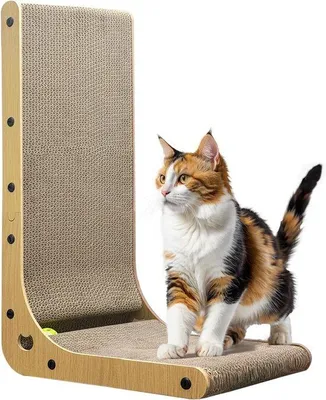 Produktbild von Famanu Katzenkrabkarton L-förmig 60 cm - Stabile Kratzfläche mit Spielzeug
