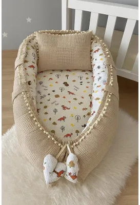 Image de Nid pour bébé Jaju avec oreiller, en Coton, motif renard marron clair, 74 x 50 cm