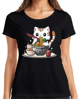 Zdjęcie produktu dla Kawaii Neko Cat Ramen Noodle Soup Japan Anime Manga Cute Cartoon Ladies T-Shirt, Czarny, S