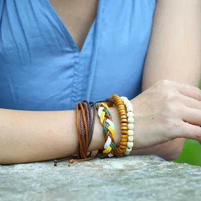Produktbild von 4 Teile/satz Vintage Frauen Holz Perlen Kunstleder Weben Armband Armreif Geschenk