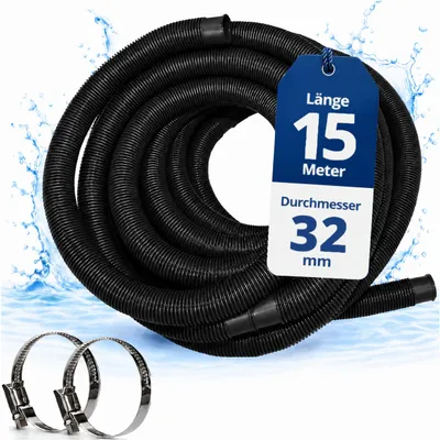 Produktbild von HAF Hochwertiger Pool Schwimmbadschlauch 32mm Schwarz 15 Meter | Poolschlauch für Garten & Schwimmbad | Solarschlauch + 2x Edelstahl Schlauchschellen