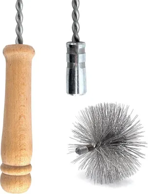 A wooden handle with a metal attachment and a brush head are displayed against a white background.