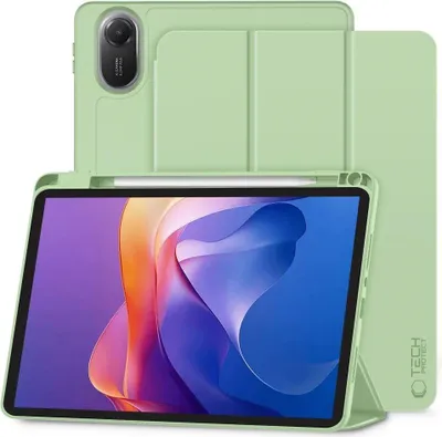 A light green tablet case with a tablet inside, displaying a colorful abstract wallpaper. A stylus is also visible.