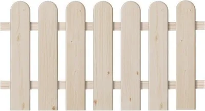A close-up, straight-on view of a light-colored wooden picket fence.