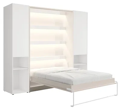 Produktbild von Vertikales Schrankbett 140 x 200 cm - 2 Aufbewahrungssäulen - Mit LEDs - Beige - RAPILI