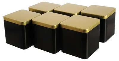Produktbild von Dosenritter | 6 x edle eckige Teedose/Vorratsdose, Schwarz Gold, aromadicht aus Metall für je 150g Earl Grey | 9 x 9 x 9 cm (H,B,T) |  Gewürzdose