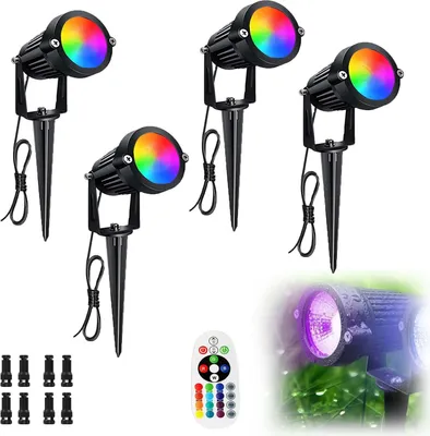 Obrázok produktu pre RGB záhradné reflektory, 4 ks vonkajších reflektorov s diaľkovým ovládaním, halogénové reflektory na kolík, záhradné osvetlenie s krytím IP65, teplá biela