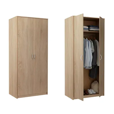 Produktbild von Kleiderschrank mit 2 Türen, 1 Kleiderstange, 1 Einlegeboden, Garderobenschrank 85 cm breit Schrank matte Oberfläche, aus laminierter Platte sonoma