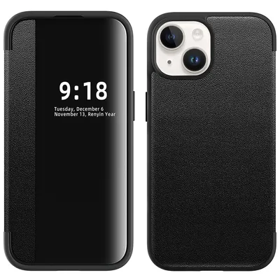 Obrázek produktu pro Pouzdro pro iPhone 15 tenkéPolyuretankožené klopové pouzdro s okénkem pro zobrazení černé
