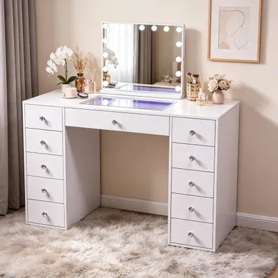 Obrázok produktu pre Vanitii Toaletný stolík so zrkadlom a LED osvetlením, elegantný a moderný dizajn, biela povrchová úprava.