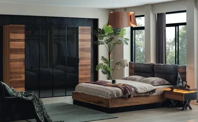 Productafbeelding van Moderne slaapkamer meubels: designbed, 2 nachtkastjes, garderobekast