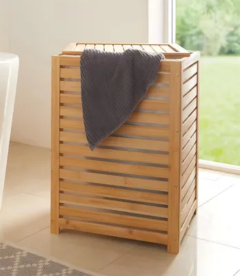 Image de grand panier à linge en bambou, avec couvercle, insert en tissu blanc, collecteur de linge, boîte à linge