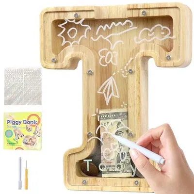 Productafbeelding van Gepersonaliseerde Spaarpot voor Kinderen - Houten Spaarpot met Doelen, Stickers en Markeerder