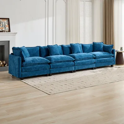 Zdjęcie produktu dla Sofy modułowe Cloud – 4-osobowa sofa z tkaniny szenilowej do salonu, niebieska