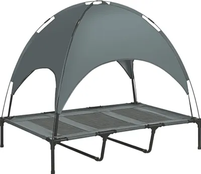 A gray elevated dog bed with a canopy, shown against a white background.