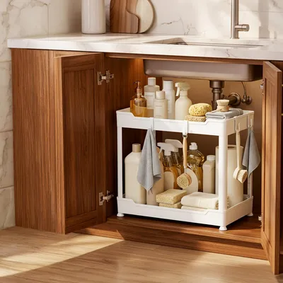 Productafbeelding van Roxlin opbergrek met 4 haken – Ruimtebesparende organizer voor keuken, badkamer en onderkast bij de spoelbak - Wit